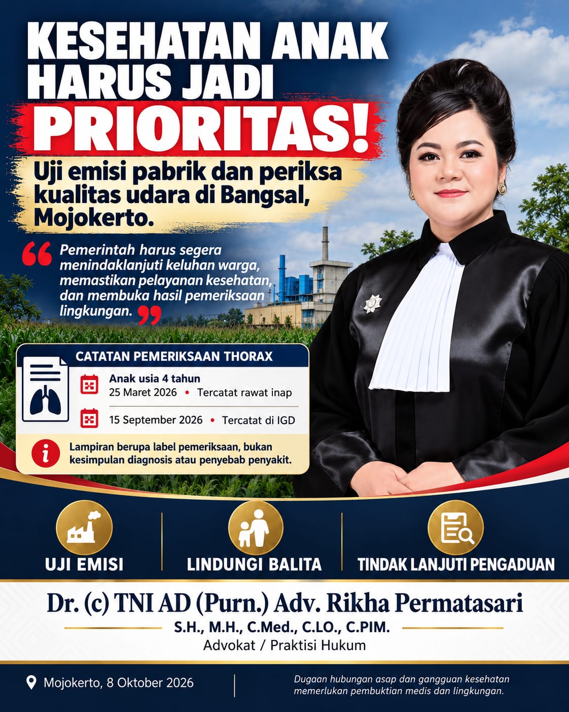 Praktisi Hukum Rikha Permatasari ” Jangan Tunggu Warga Tumbang Berjatuhan, Periksa Emisi Pabrik dan Lindungi Balita Sekarang!” 